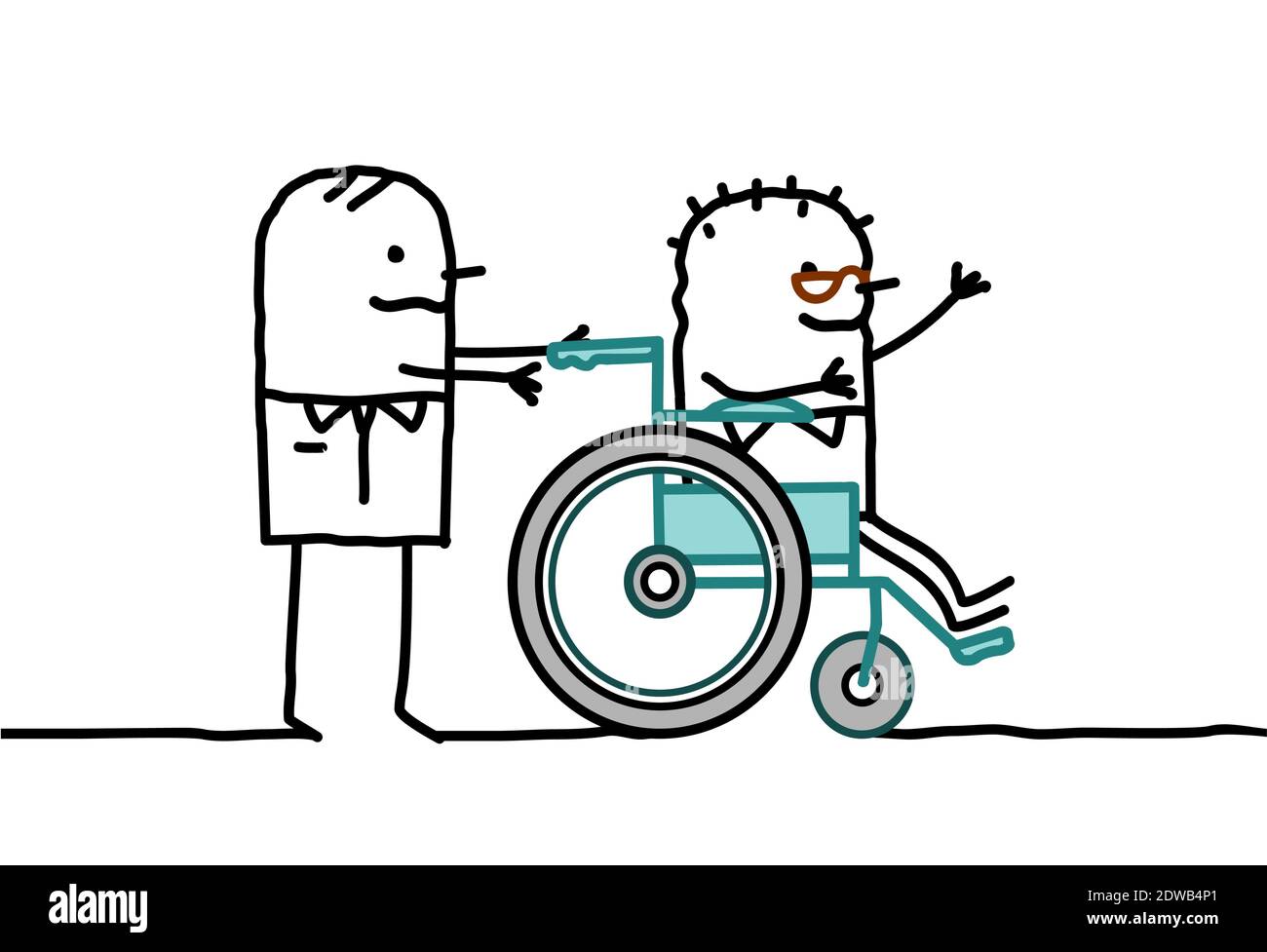 Dessin main Homme aidant un handicapé vieux dedans Fauteuil roulant Illustration de Vecteur