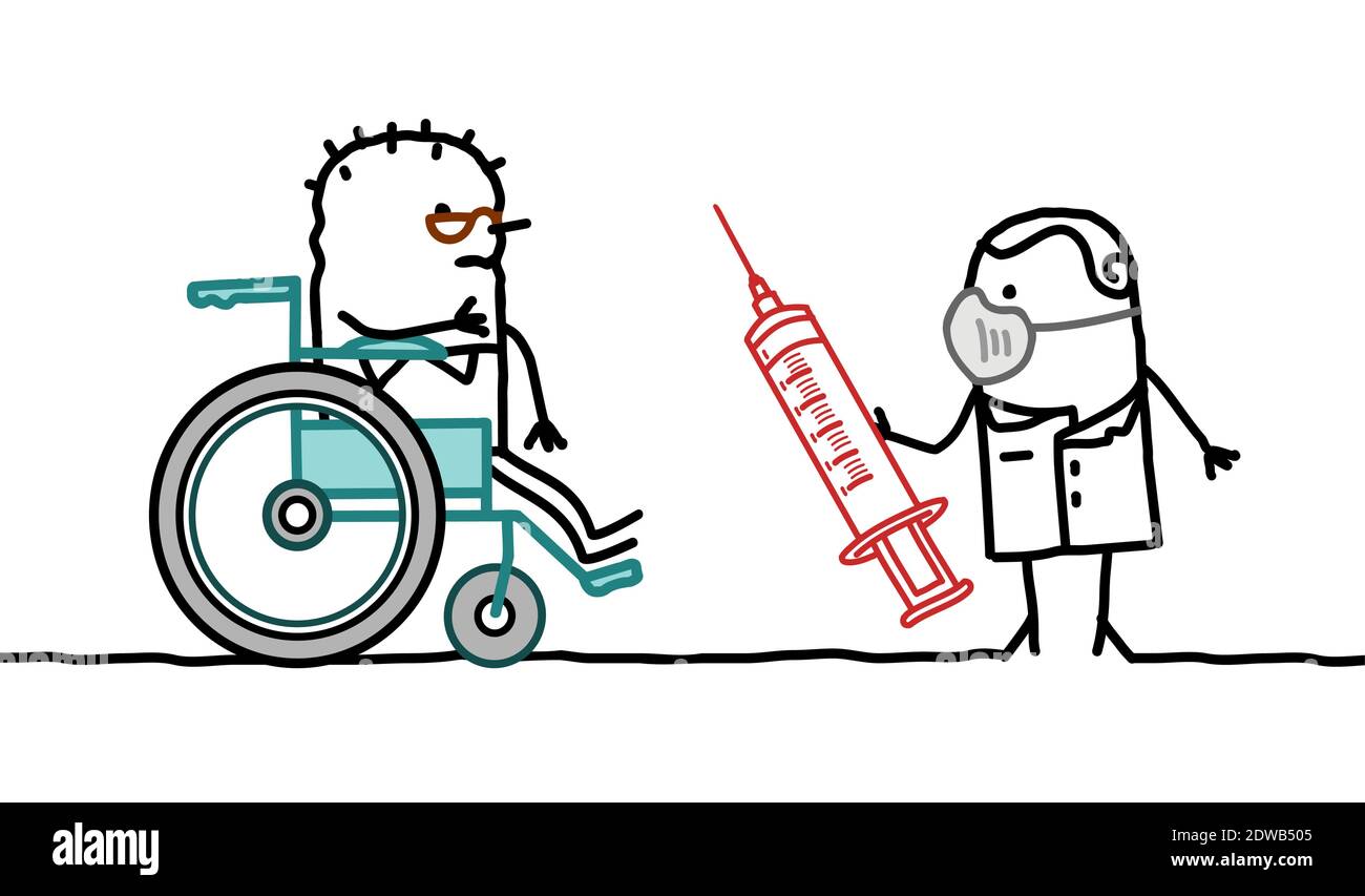 Dessin main de dessin de dessin de dessin pour handicapés Old Man dans un fauteuil roulant avec Infirmière et seringue Illustration de Vecteur