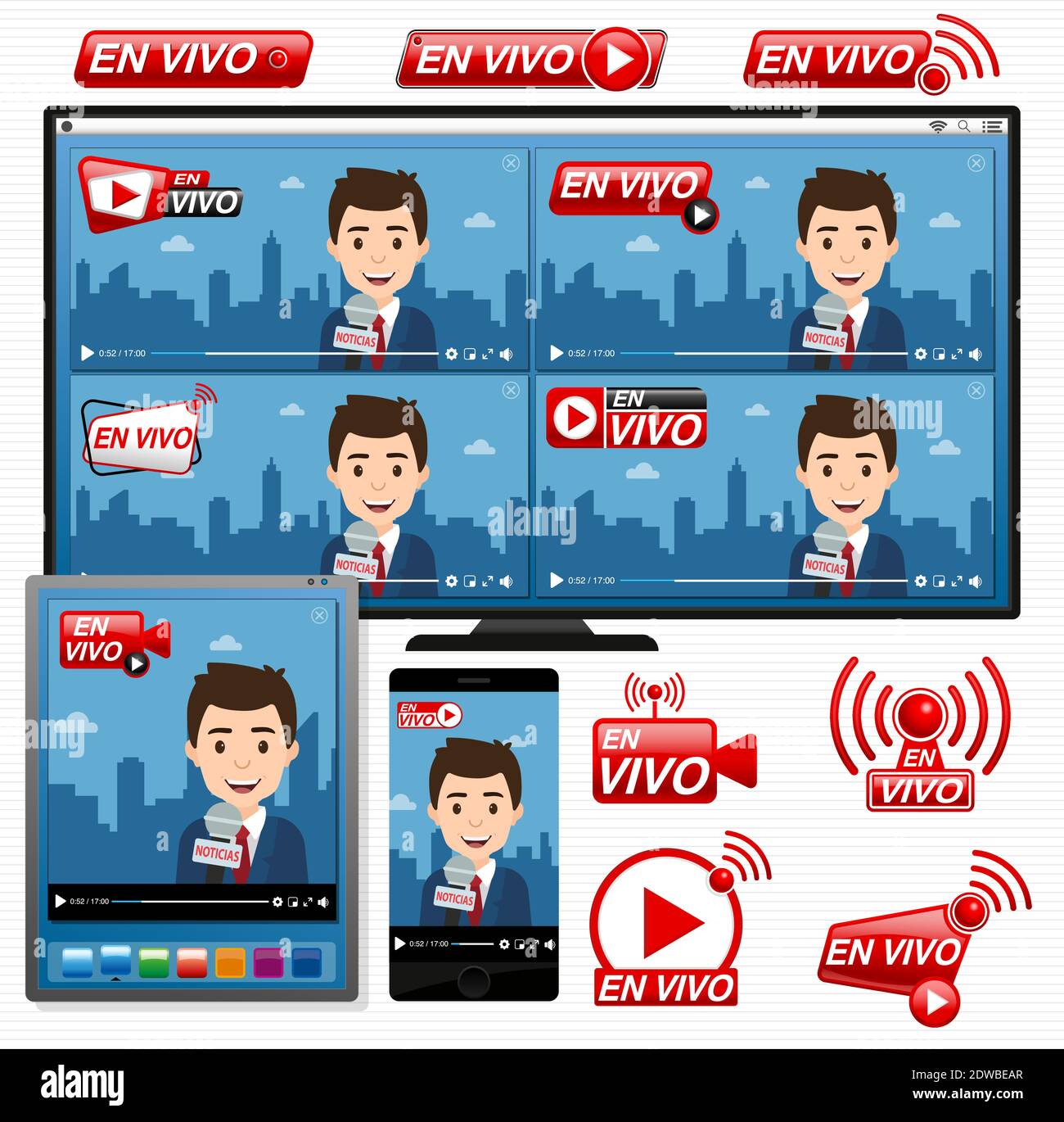 JEU d'icônes rouges D'EN VIVO - VIDÉO EN DIRECT EN ESPAGNOL - sur des fenêtres vidéo avec un journaliste qui rapporte les nouvelles sur un ordinateur, une tablette Illustration de Vecteur
