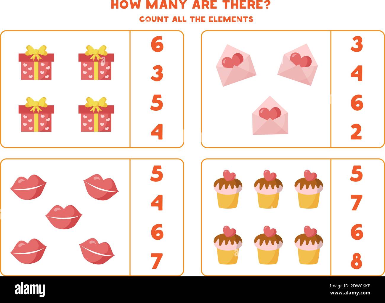 Comptez tous les éléments de la Saint-Valentin et entourez la bonne réponse. Jeu de mathématiques pour enfants. Illustration de Vecteur