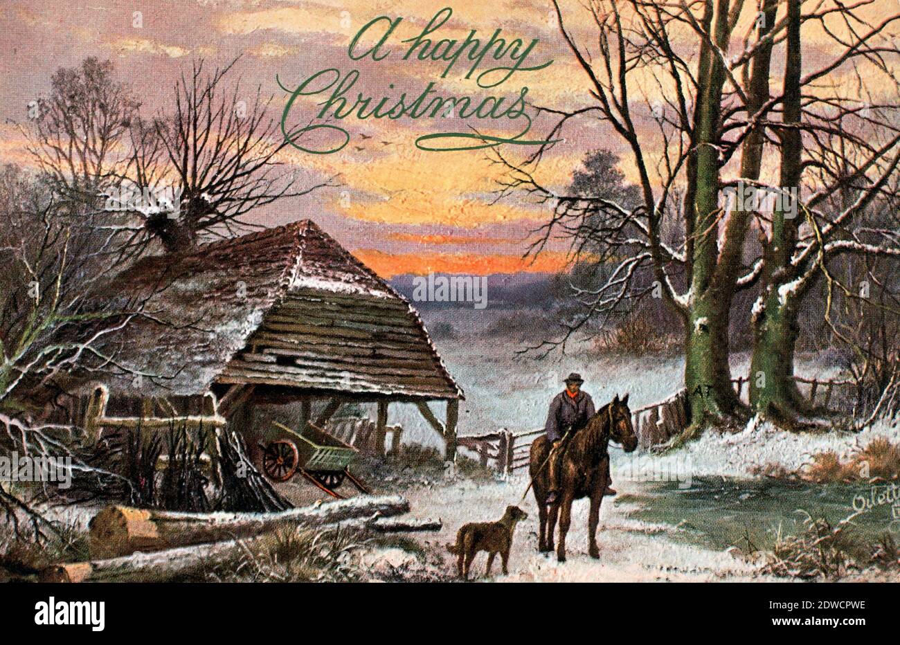 Scène d'hiver avec un homme sur un cheval avec son Chien - UNE carte postale vintage de Noël heureux Banque D'Images