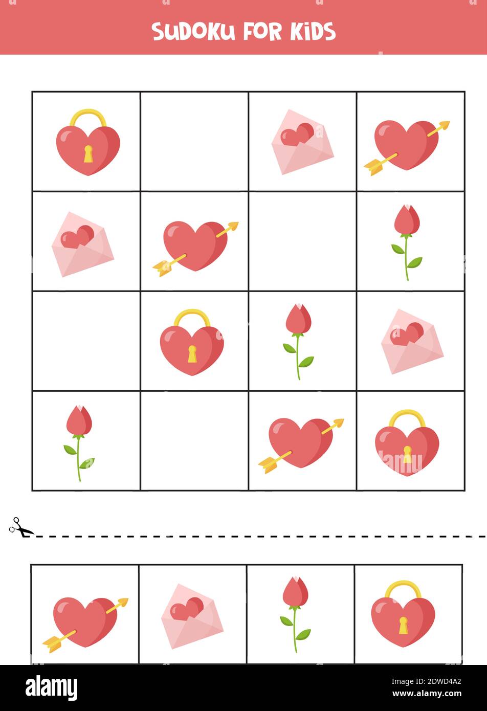Sudoku puzzle avec mignon dessin animé valentine objets. Jeu logique pour les enfants. Illustration de Vecteur