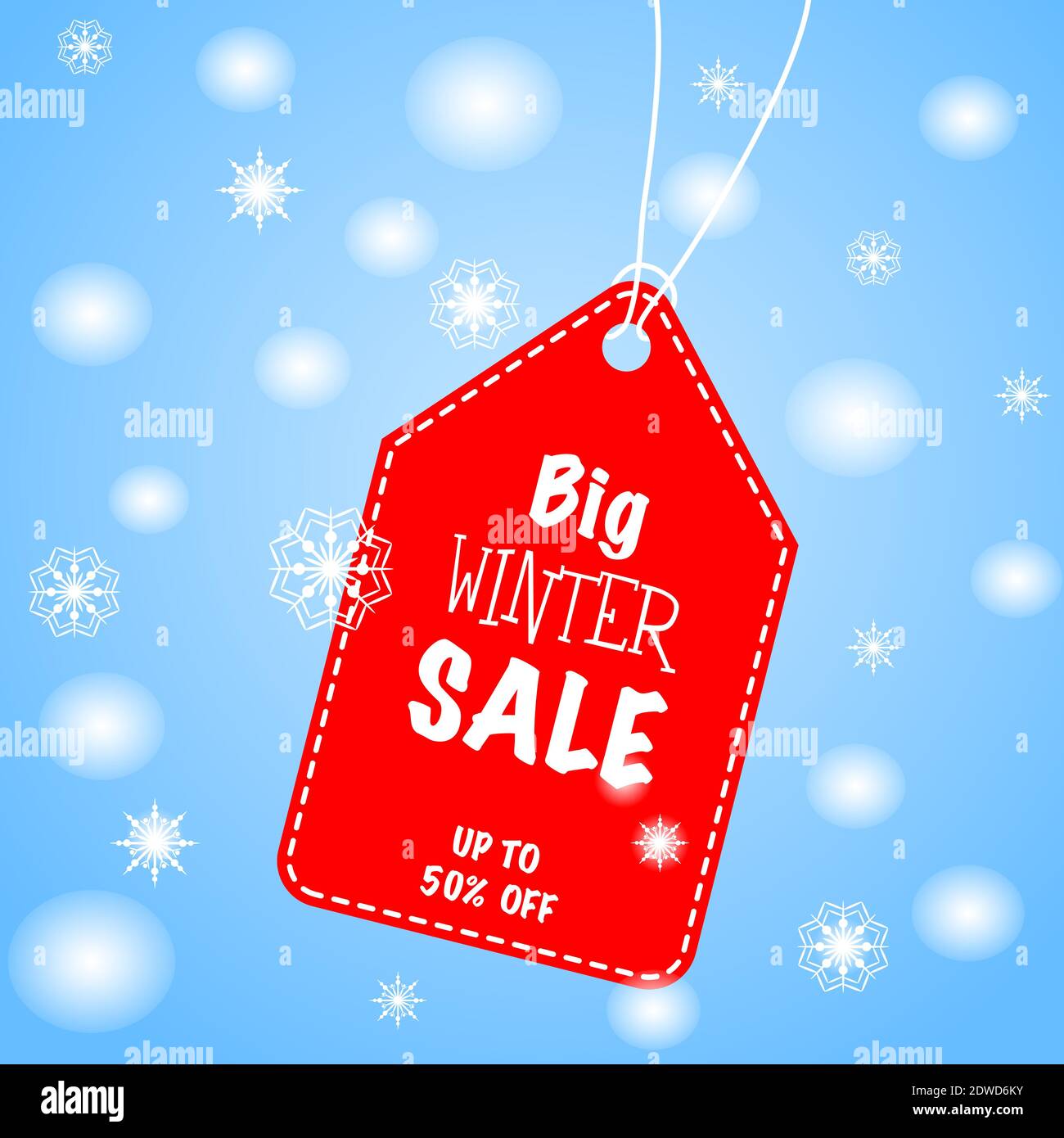 Grande affiche de soldes d'hiver avec étiquette rouge. Fond bleu, flocons de neige. Illustration de Vecteur