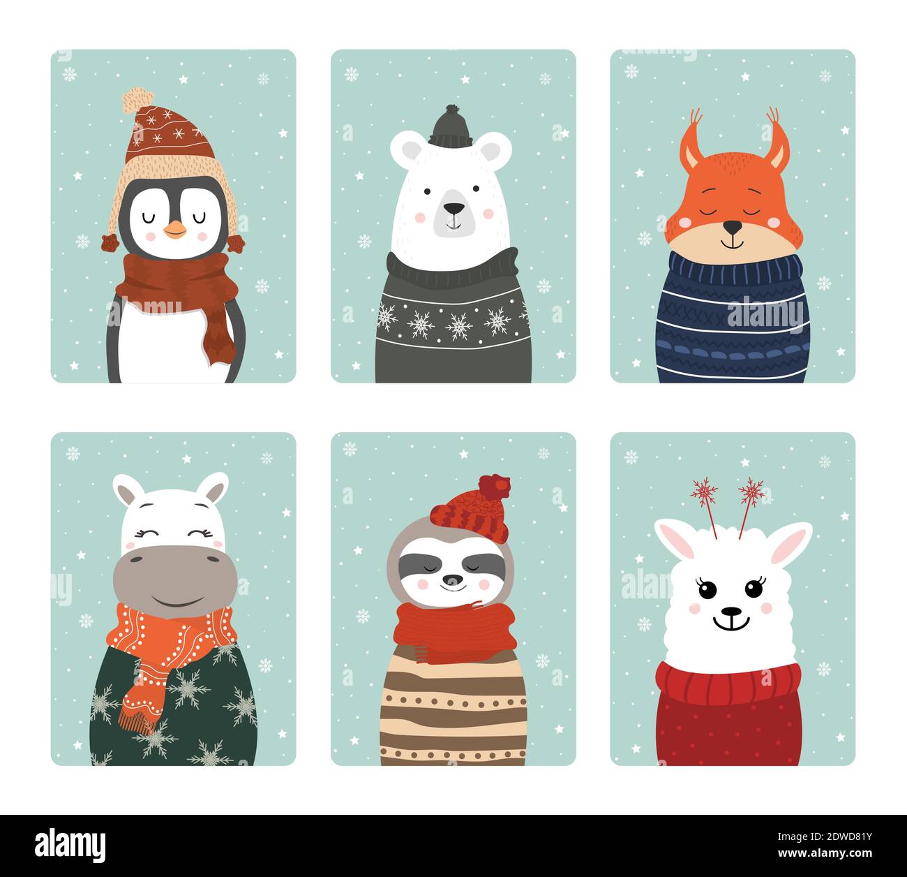 Ensemble de jolis animaux souriants d'hiver avec flocons de neige. Zoo de dessins animés. Illustration vectorielle. Affiches pour la conception de produits pour enfants en scandinavie Illustration de Vecteur
