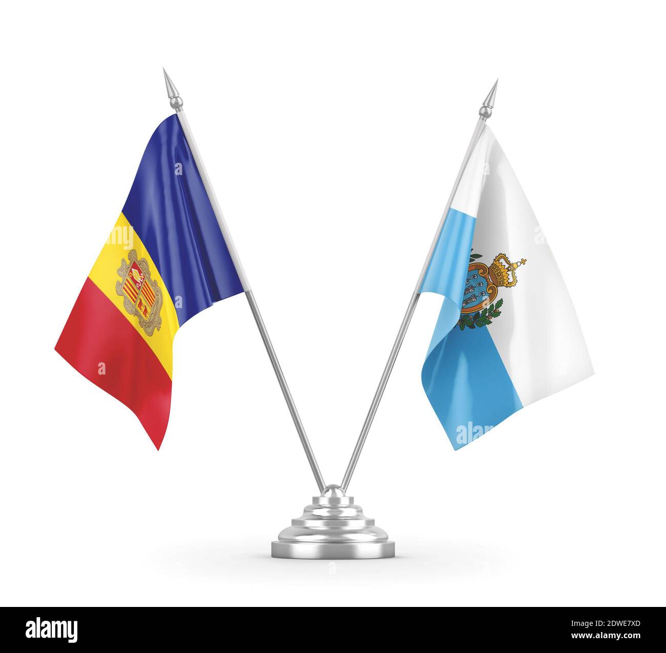 Drapeaux de table de Saint-Marin et d'Andorre isolés en 3D blanche rendu Banque D'Images