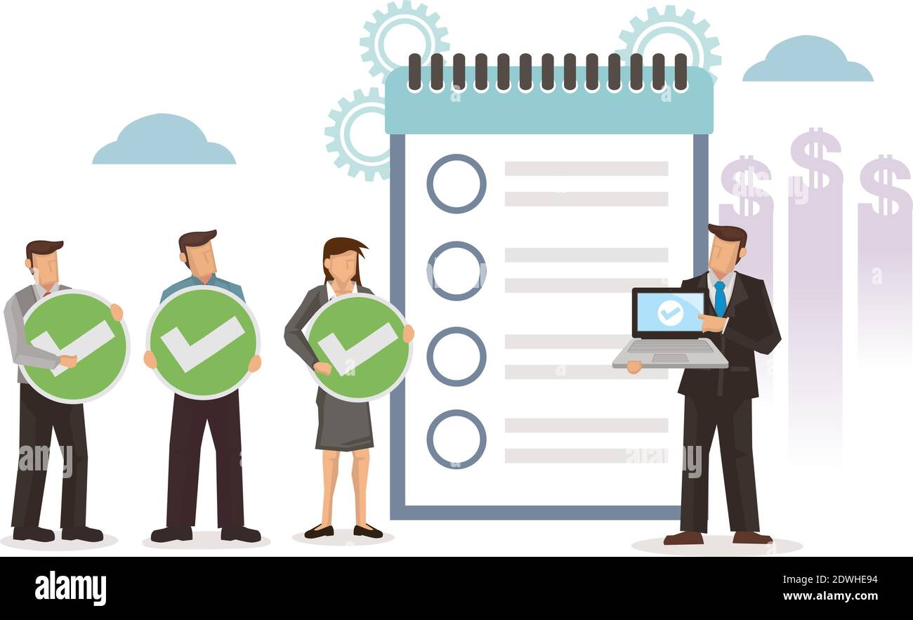 L'homme d'affaires marque Checklist avec ses employés. Achèvement de la tâche métier. Concept de planning de planification des réalisations d'objectifs. Illustration du dessin animé à vecteur plat Illustration de Vecteur