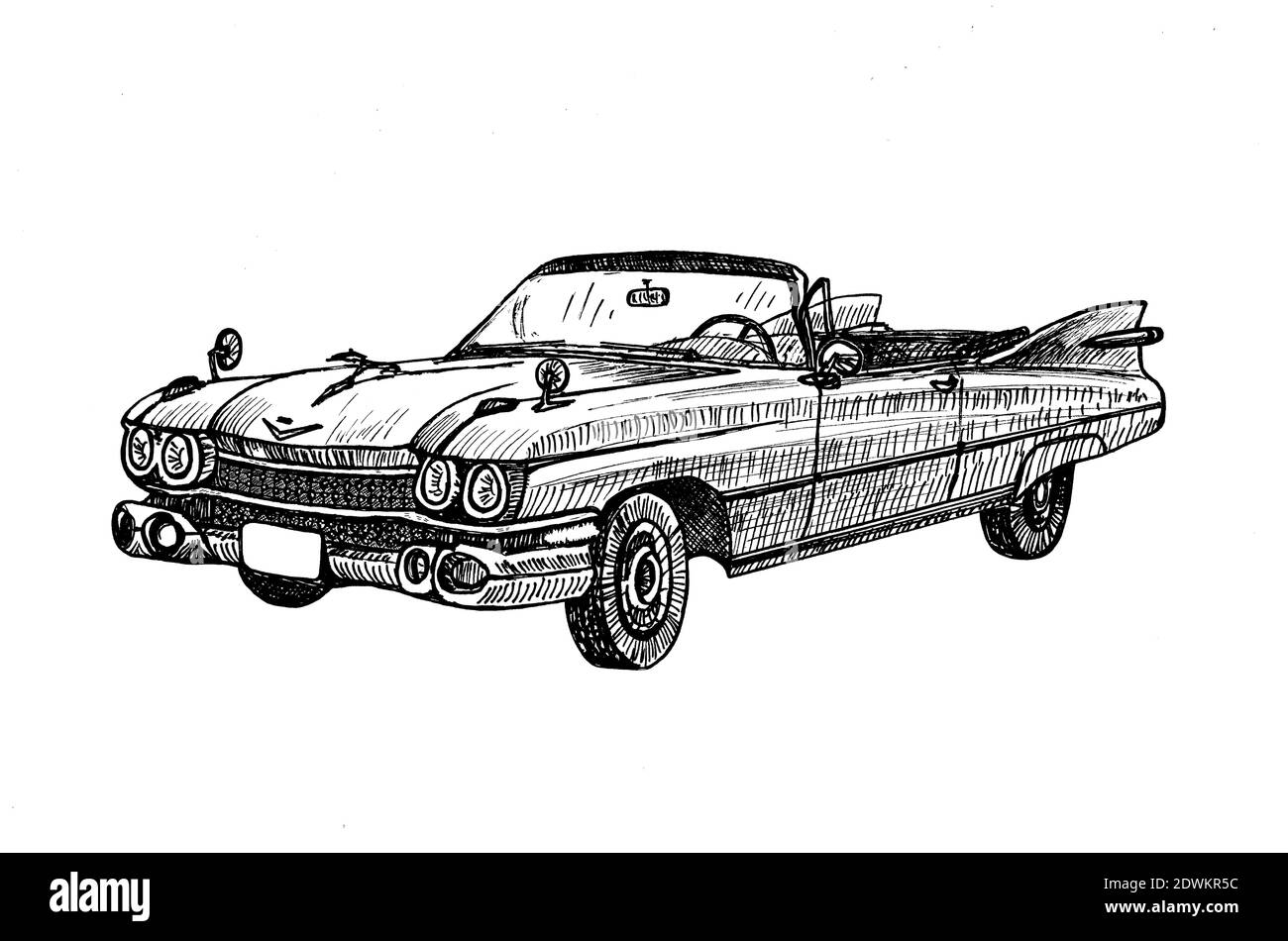 Dessin à la main vintage rétro Old timer cabriolet, doodle croquis graphiques illustration monochrome sur fond blanc (originaux, pas de tracé) Banque D'Images