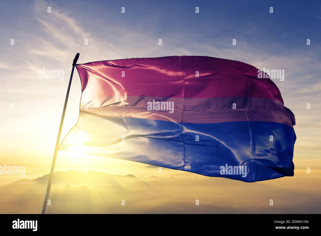 Drapeau de fierté bisexuel orlevant sur le brouillard de lever de soleil supérieur Banque D'Images
