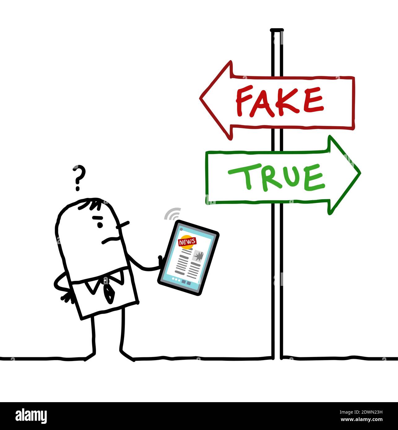 Dessin main dessin animé Homme avec tablette connectée , se demandant si les nouvelles sont faux ou vrai Illustration de Vecteur