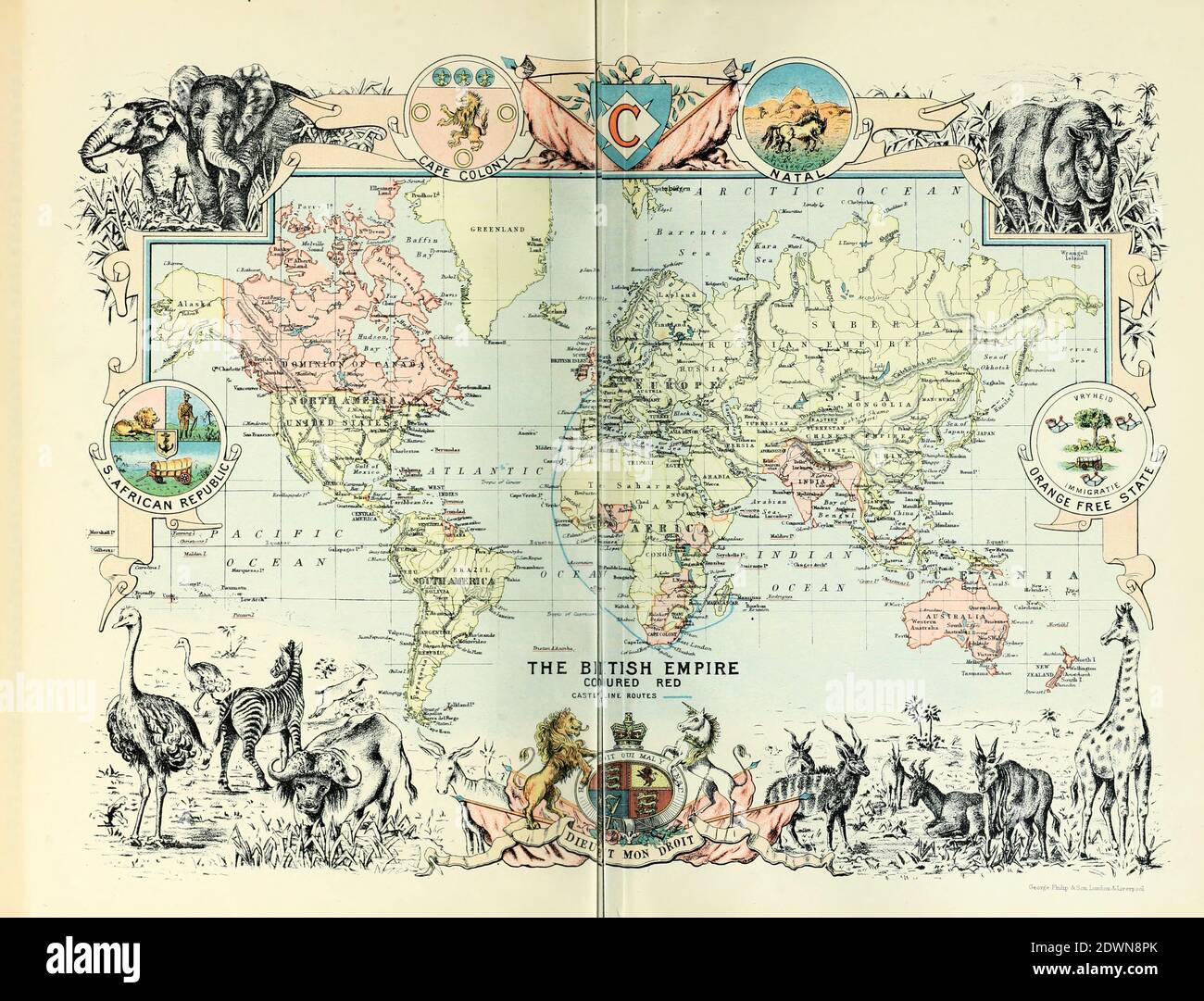 Carte du monde de l'Empire britannique en rouge (1895) du livre 'l'atlas de la ligne du Château de l'Afrique du Sud' : Une série de 16 plaques, imprimées en couleur, contenant 30 cartes et diagrammes, avec un compte rendu des caractéristiques géographiques, du climat, des ressources minérales et autres, et de l'histoire de l'Afrique du Sud. Et un index de plus de 6,000 noms Banque D'Images