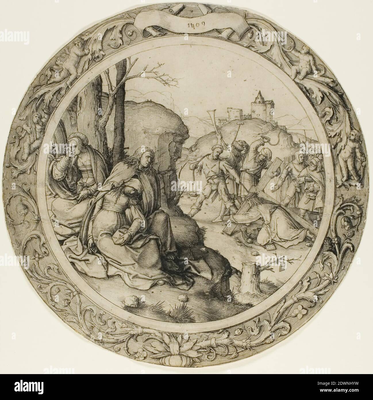 La passion ronde : le Christ portant la Croix. Lucas van Leyden; Netherlandish, 1494-1533. Date: 1509. Dimensions : 283 x 285 mm (image/feuille, rognée dans le repère de plaque). Gravure en noir sur papier à polir. Origine: Pays-Bas. Musée: Le Chicago Art Institute, Chicago, Etats-Unis. Banque D'Images