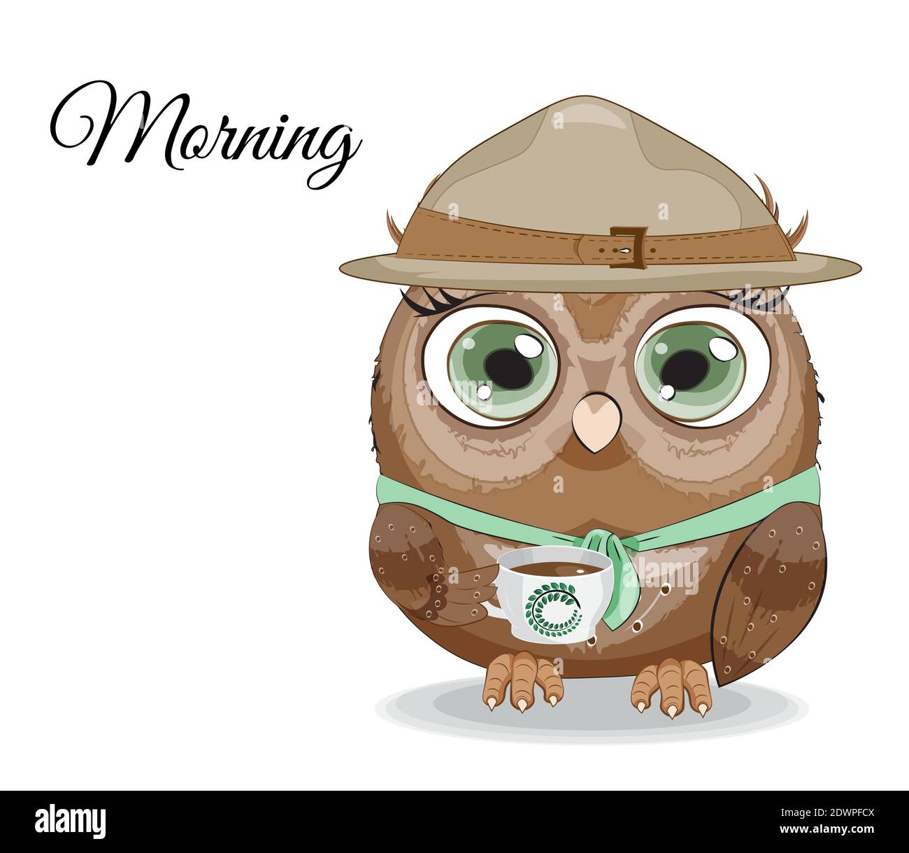 Autocollant du matin, joli petit chouette de scout vectoriel dans un chapeau, avec une tasse, image à la main de style dessin, pour le motif imprimé, carte, carte postale Illustration de Vecteur