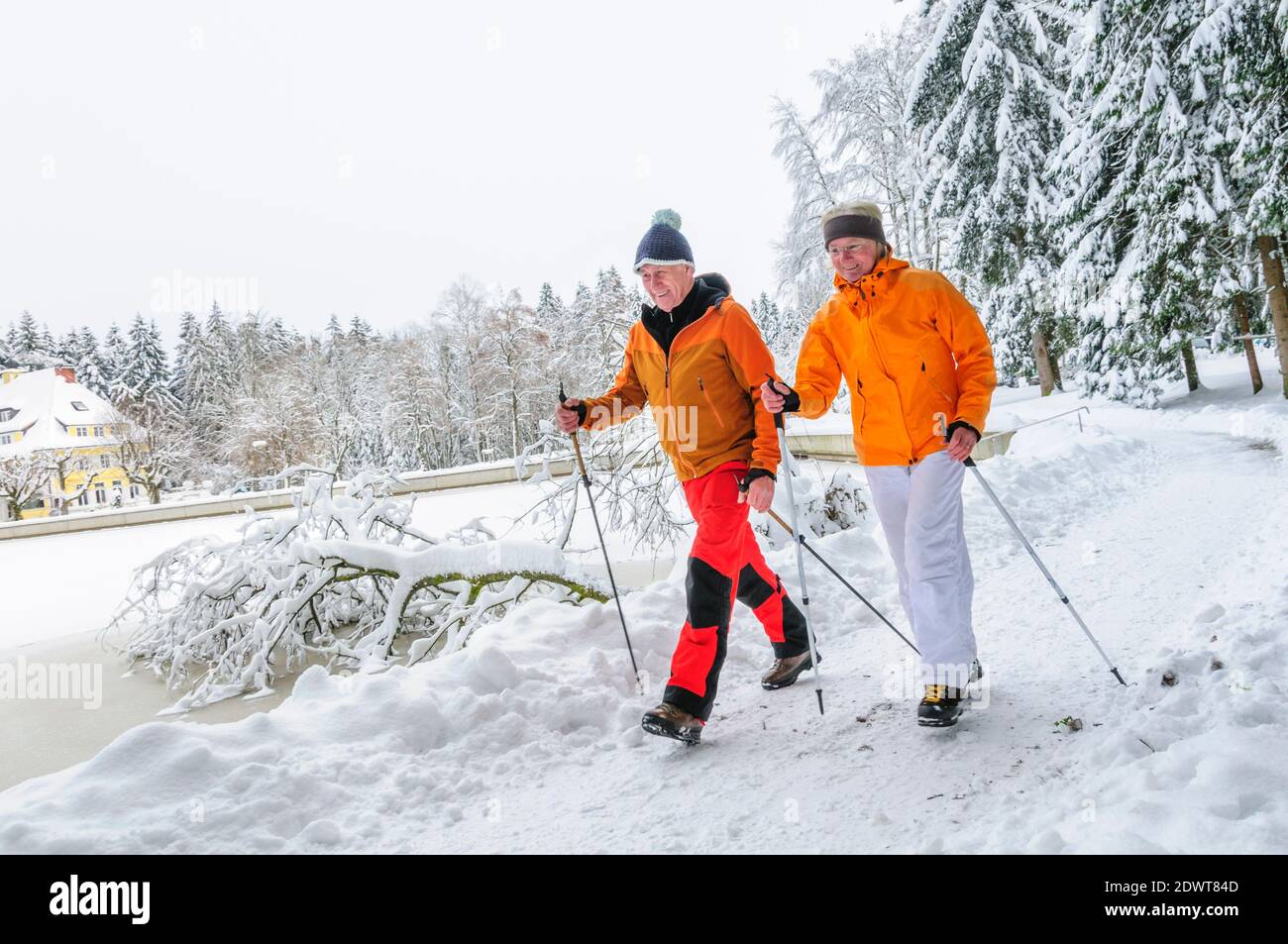 couple aîné sur l'exercice de marche nordique dans la nature vintry Banque D'Images