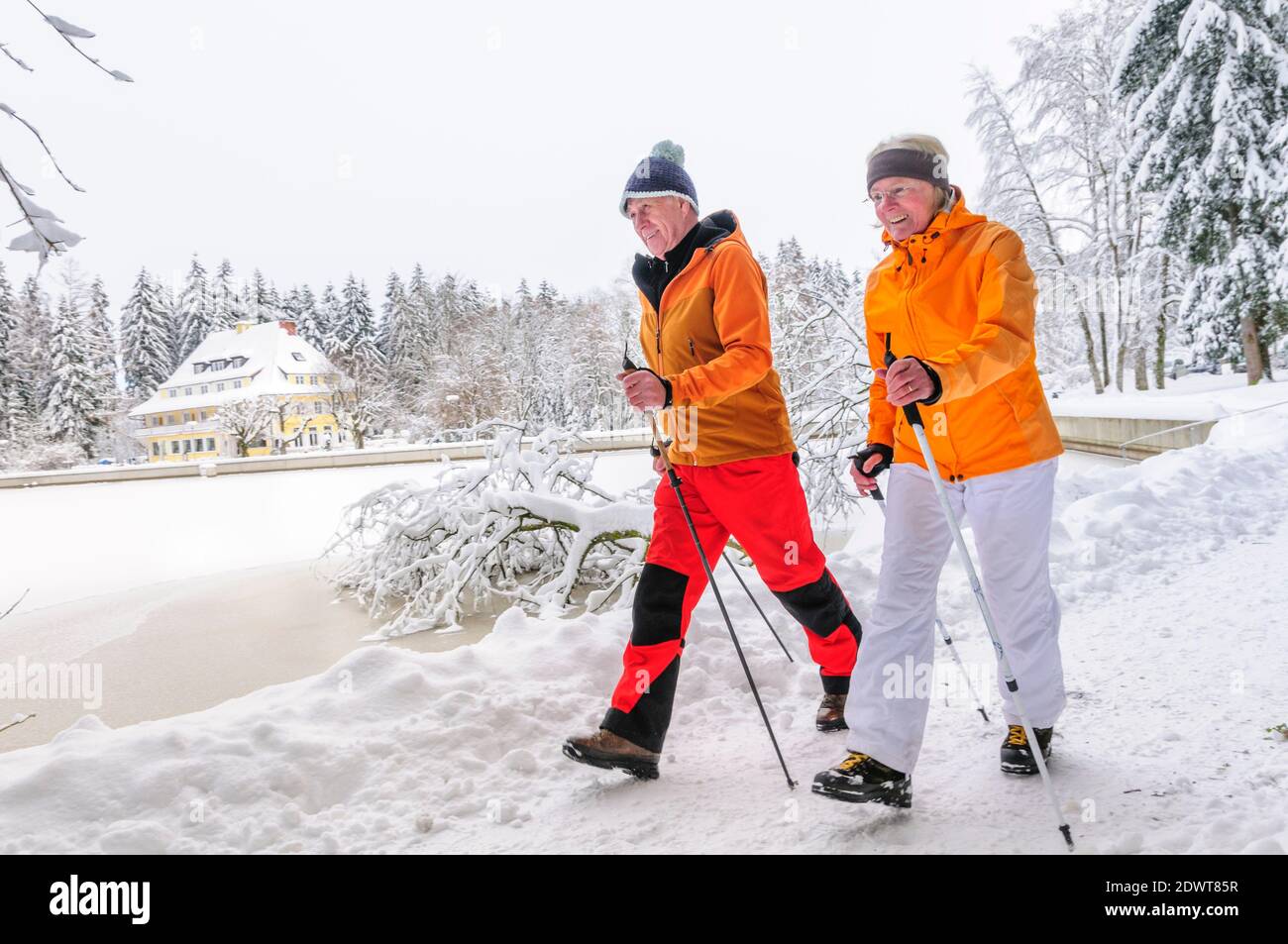 couple aîné sur l'exercice de marche nordique dans la nature vintry Banque D'Images