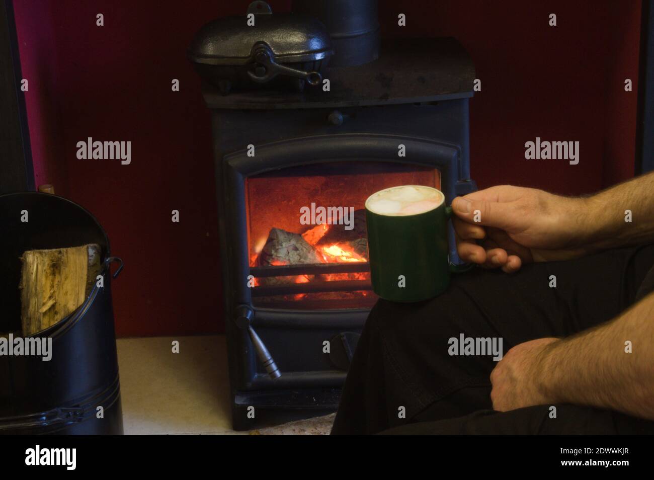 Main du Mans tenant une tasse de chocolat chaud avec des guimauves devant un feu de bois Banque D'Images