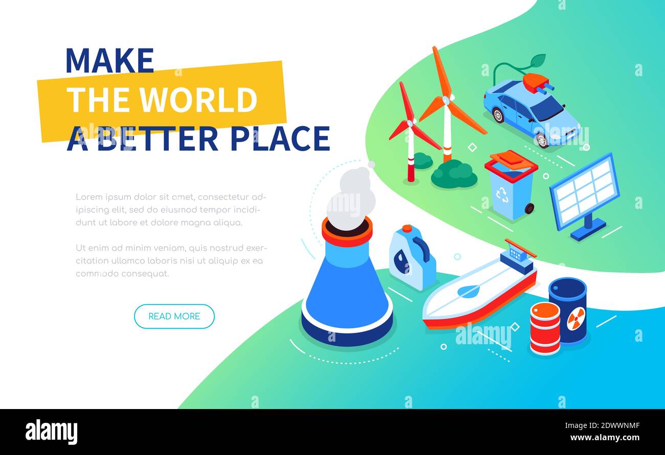 Faites du monde un endroit meilleur - bannière web moderne colorée isométrique avec espace de copie pour le texte. Tri des déchets, économie d'énergie. Éoliennes, élect Illustration de Vecteur Faites du monde un endroit meilleur - bannière web moderne colorée isométrique avec espace de copie pour le texte. Tri des déchets, économie d'énergie. Éoliennes, élect Illustration de Vecteur