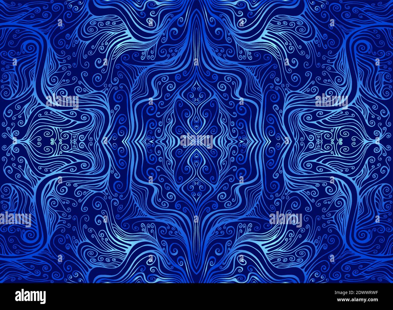 Vintage psychédélique trippy coloré fractal motif. Contour bleu dégradé cyan, isolé sur des couleurs bleu foncé. Illustration de Vecteur