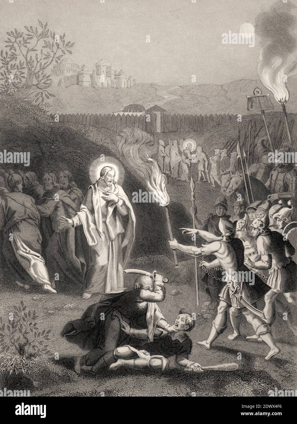 Simon Pierre coupe l'oreille de Malchus, arrestation de Jésus-Christ, jardin de Gethsemane, Nouveau Testament, gravure en acier 1853, restauré numériquement Banque D'Images