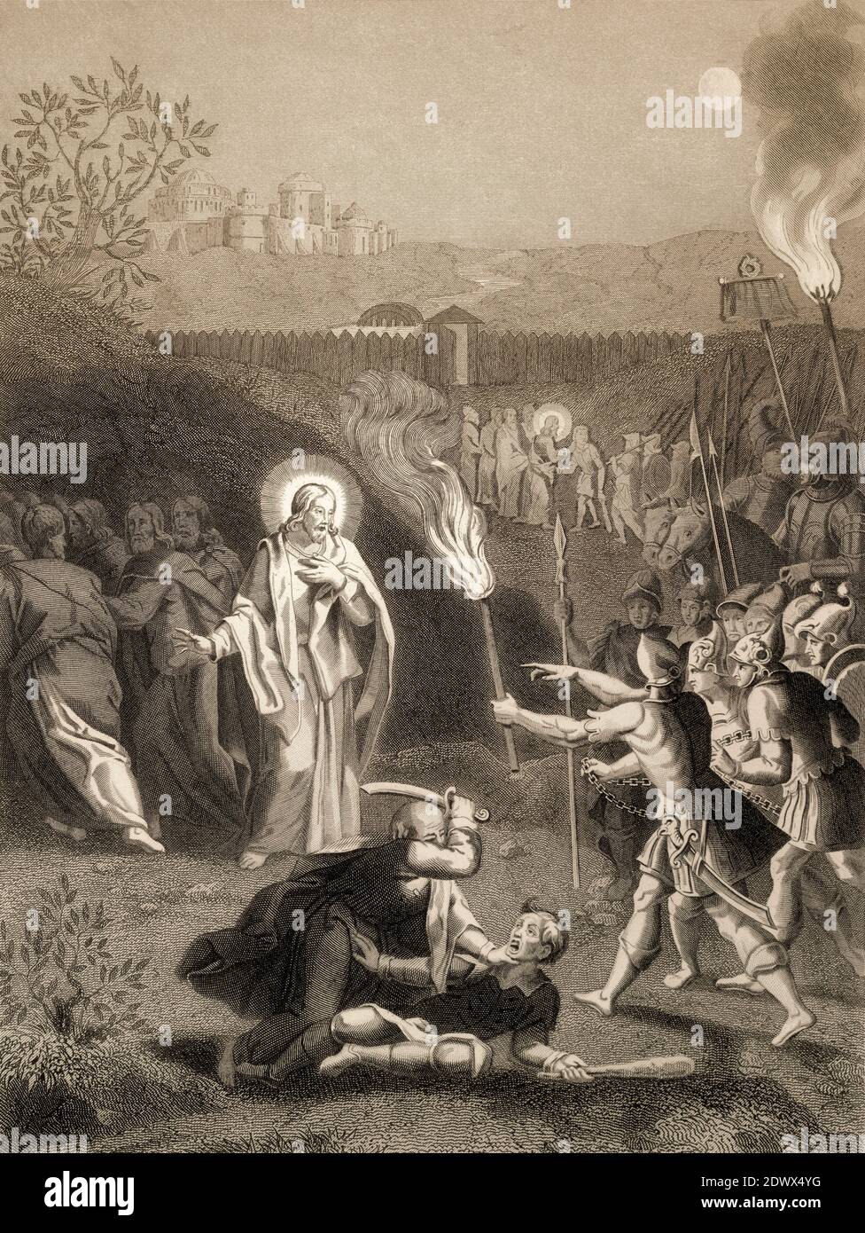 Simon Pierre coupe l'oreille de Malchus, arrestation de Jésus-Christ, jardin de Gethsemane, Nouveau Testament, gravure en acier 1853, restauré numériquement Banque D'Images