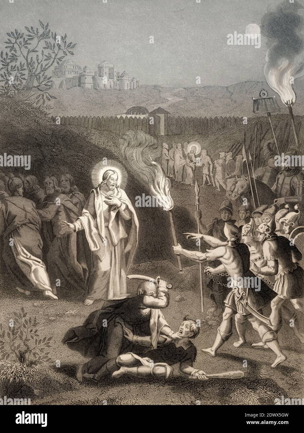 Simon Pierre coupe l'oreille de Malchus, arrestation de Jésus-Christ, jardin de Gethsemane, Nouveau Testament, gravure en acier 1853, restauré numériquement Banque D'Images