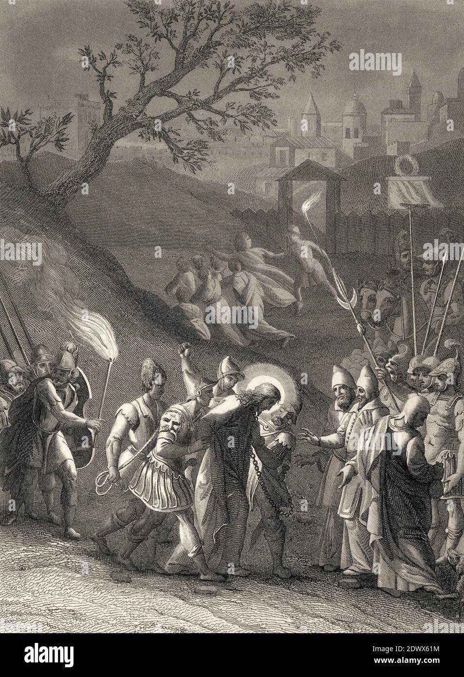 L'arrestation de Jésus-Christ, jardin de Gethsemane, Nouveau Testament, gravure en acier 1853, restaurée numériquement Banque D'Images