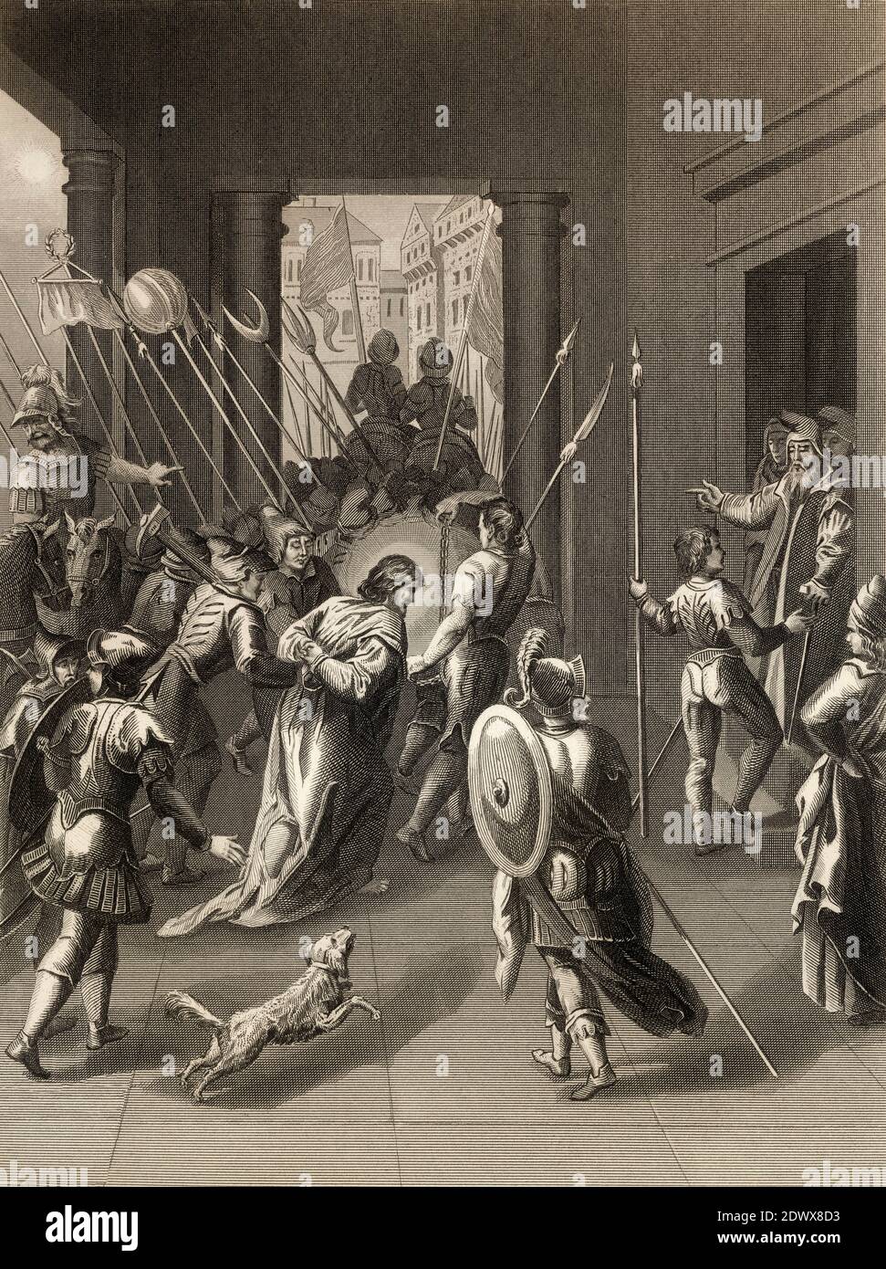 Jésus pris à Annas, Nouveau Testament, gravure en acier 1853, restauré numériquement Banque D'Images