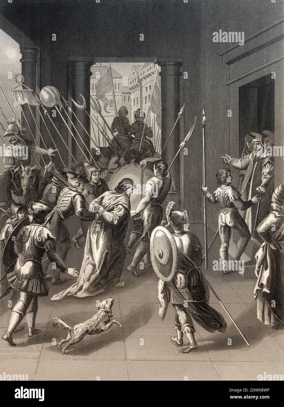 Jésus pris à Annas, Nouveau Testament, gravure en acier 1853, restauré numériquement Banque D'Images