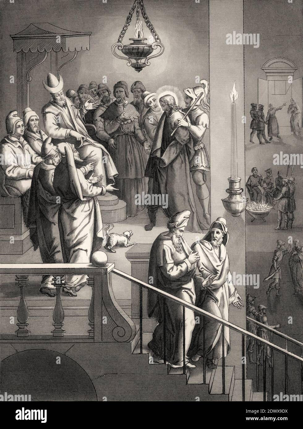 Jésus avant Caiaphas, Pierre nie à nouveau Christ, Nouveau Testament, gravure en acier 1853, restauré numériquement Banque D'Images