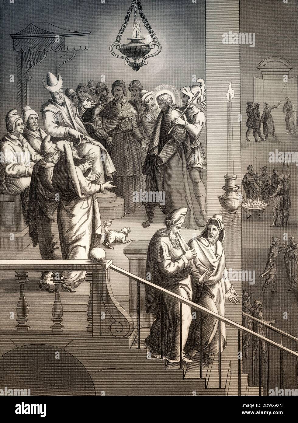 Jésus avant Caiaphas, Pierre nie à nouveau Christ, Nouveau Testament, gravure en acier 1853, restauré numériquement Banque D'Images
