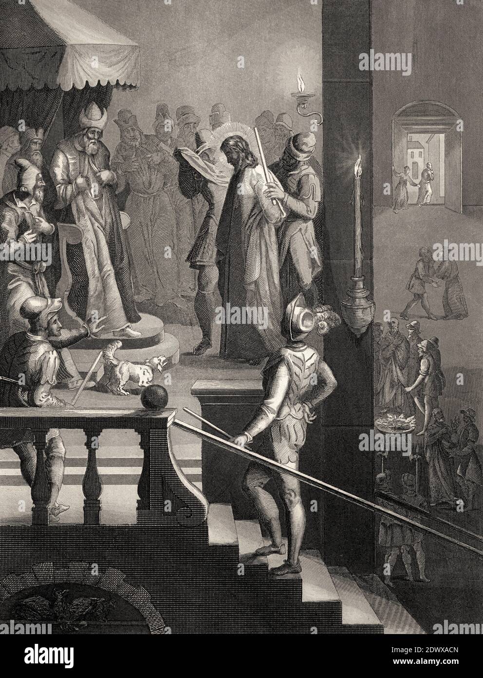 Jésus avant Caiaphas, troisième déni de Pierre, Nouveau Testament, gravure en acier 1853, restauré numériquement Banque D'Images