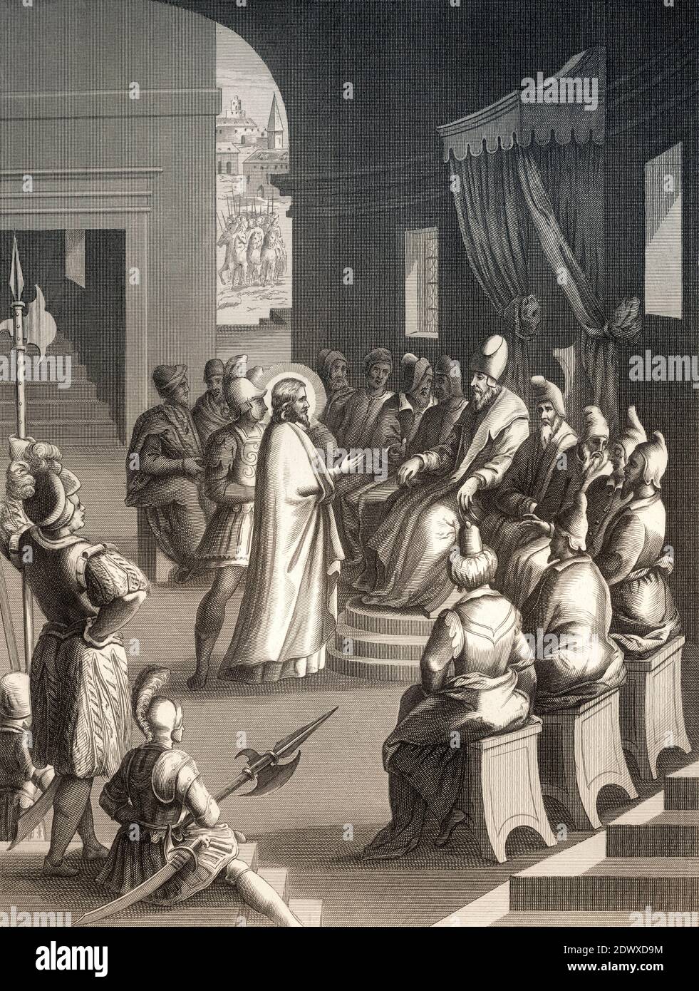 Le procès Sanhédrin de Jésus, Nouveau Testament, gravure en acier 1853, restauré numériquement Banque D'Images