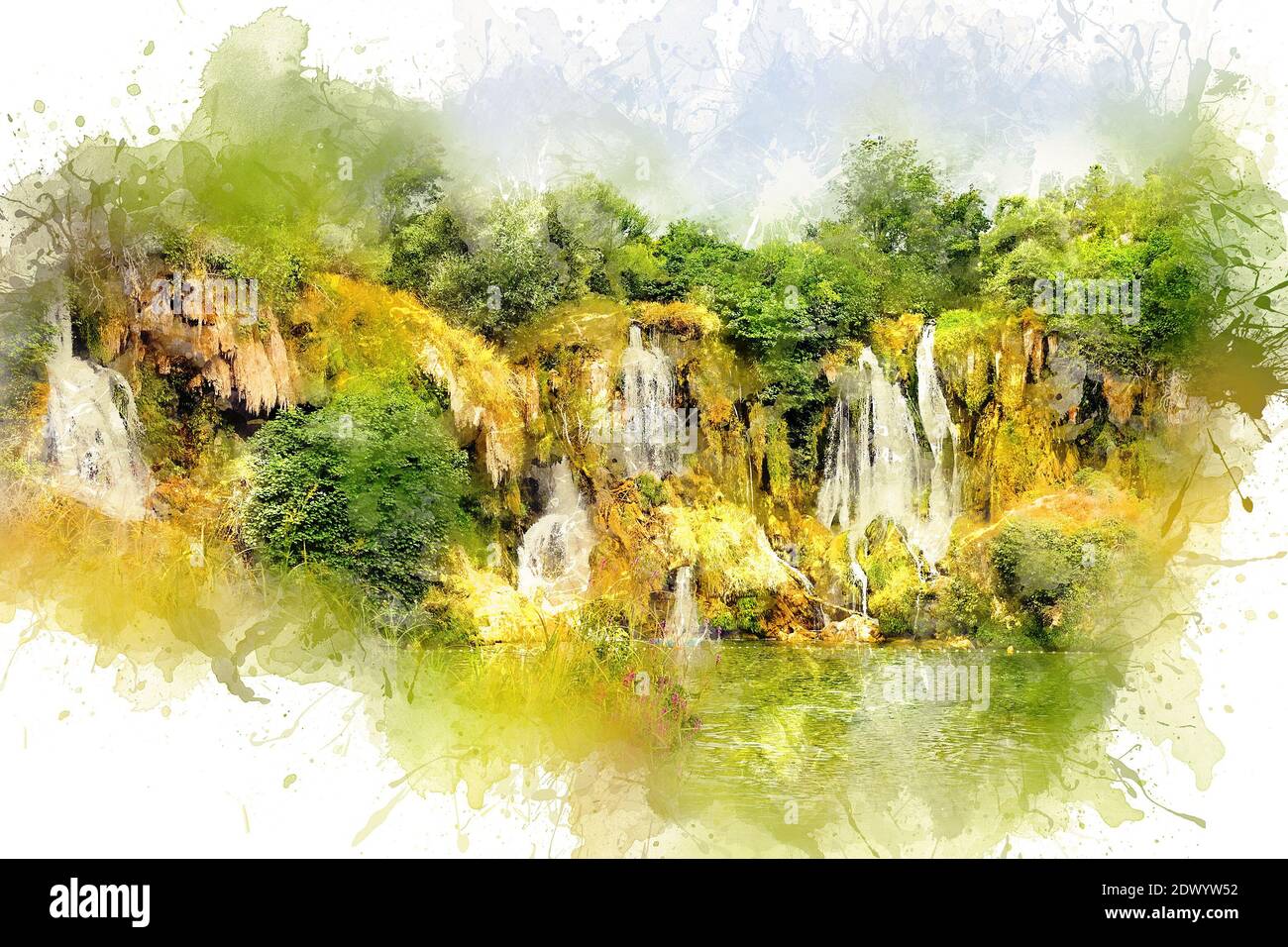 Watercolor drawing.Kravice Falls près de la ville de Mostar. Bosnie-Herzégovine Banque D'Images