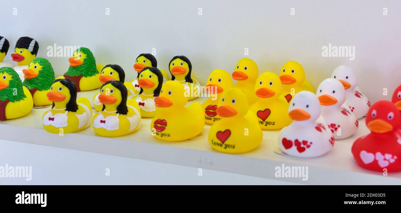 À l'intérieur du magasin de canards de Limassol vendant des centaines de variétés de petits canards de jouets, Limassol, Chypre Banque D'Images