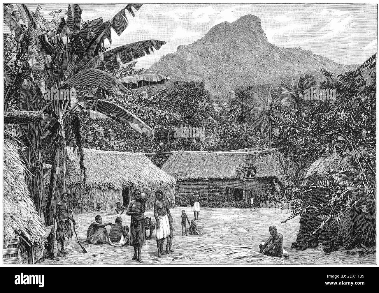 Gravure d'un village à Levuka, Fidji, vers 1890 Banque D'Images