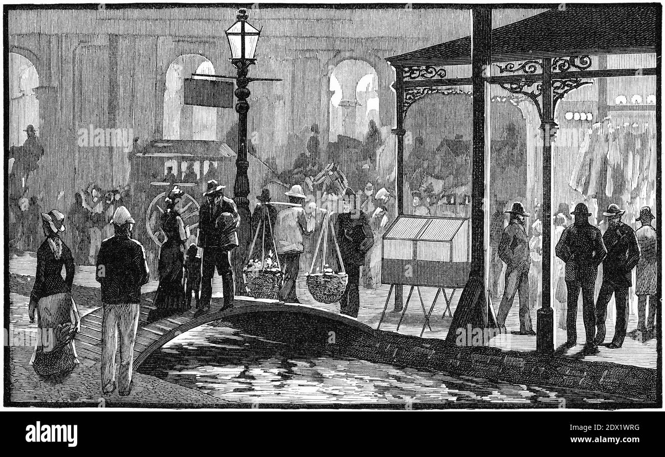 Gravure d'une foule de personnes appréciant la vie nocturne à Melbourne, Asutralia, vers 1860 Banque D'Images