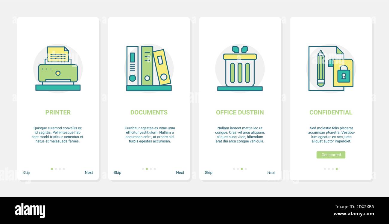 Imprimer une illustration vectorielle de document de bureau confidentiel. UX, UI Onboarding mobile application page écran set avec imprimante ligne, fichier et dossier avec papier ou des symboles de documents numériques, poubelle pour déchets Illustration de Vecteur