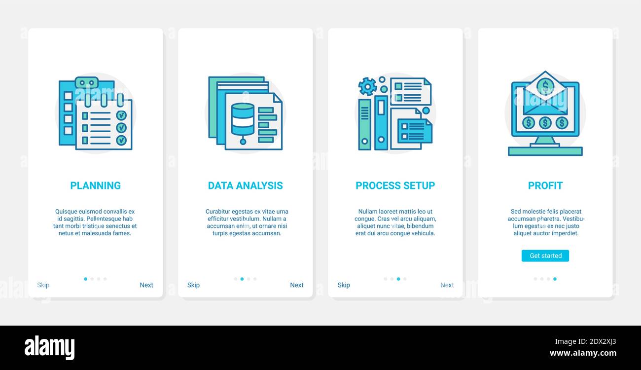 Analyse des données financières, illustration du vecteur de planification des processus métier. UX, UI Onboarding mobile application page Screen Set avec le symbole de liste de contrôle de planificateur de ligne, analyse des mesures, finance la croissance des bénéfices Illustration de Vecteur