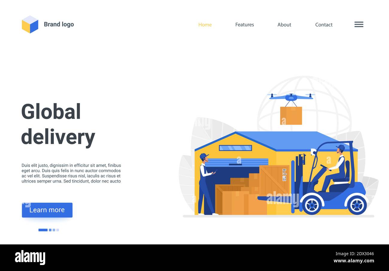 Page d'accueil de dessin animé, conception d'interface de site Web pour le service d'entreposage d'affaires avec les employés chargeant des boîtes à l'aide d'un chargeur près de l'entrepôt de stockage, illustration de vecteur logistique de livraison d'entrepôt global Illustration de Vecteur