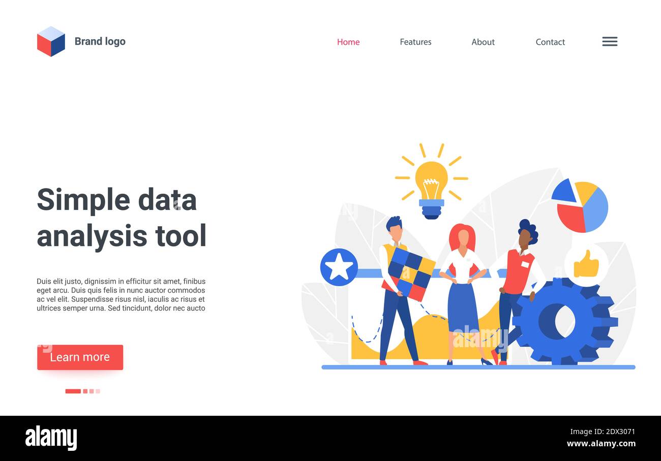 Conception de page d'arrivée de site Web avec un personnage d'analyste d'affaires plat travaillant sur ordinateur portable, analyse graphique numérique diagramme ou graphique de rapport de base de données financière. Illustration vectorielle simple de l'outil d'analyse de données Illustration de Vecteur