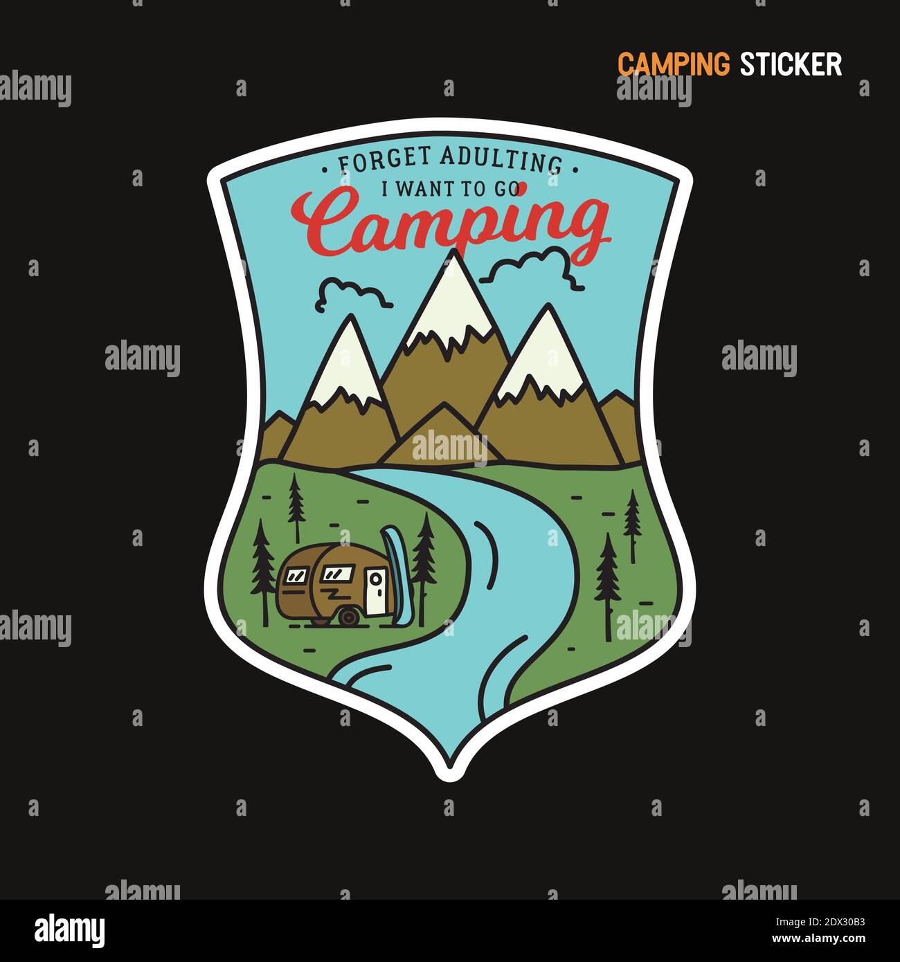 Motif autocollant Camping montagne. Logo de voyage dessiné à la main. Illustration de l'étiquette RV Adventure. Graphiques vectoriels Illustration de Vecteur