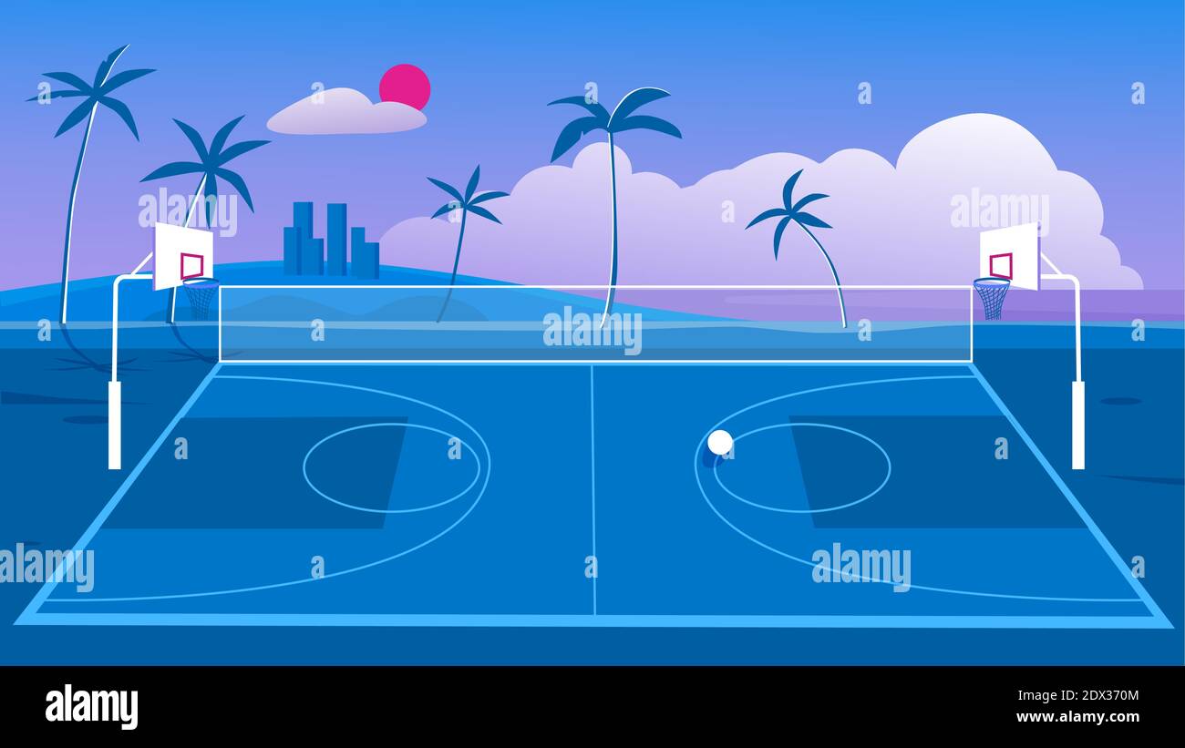 Terrain de basket-ball, illustration vectorielle du terrain de jeu extérieur City Street. Paysage urbain de cartoon, arène de sport vide avec panier pour jouer au basket-ball sur fond tropical Illustration de Vecteur