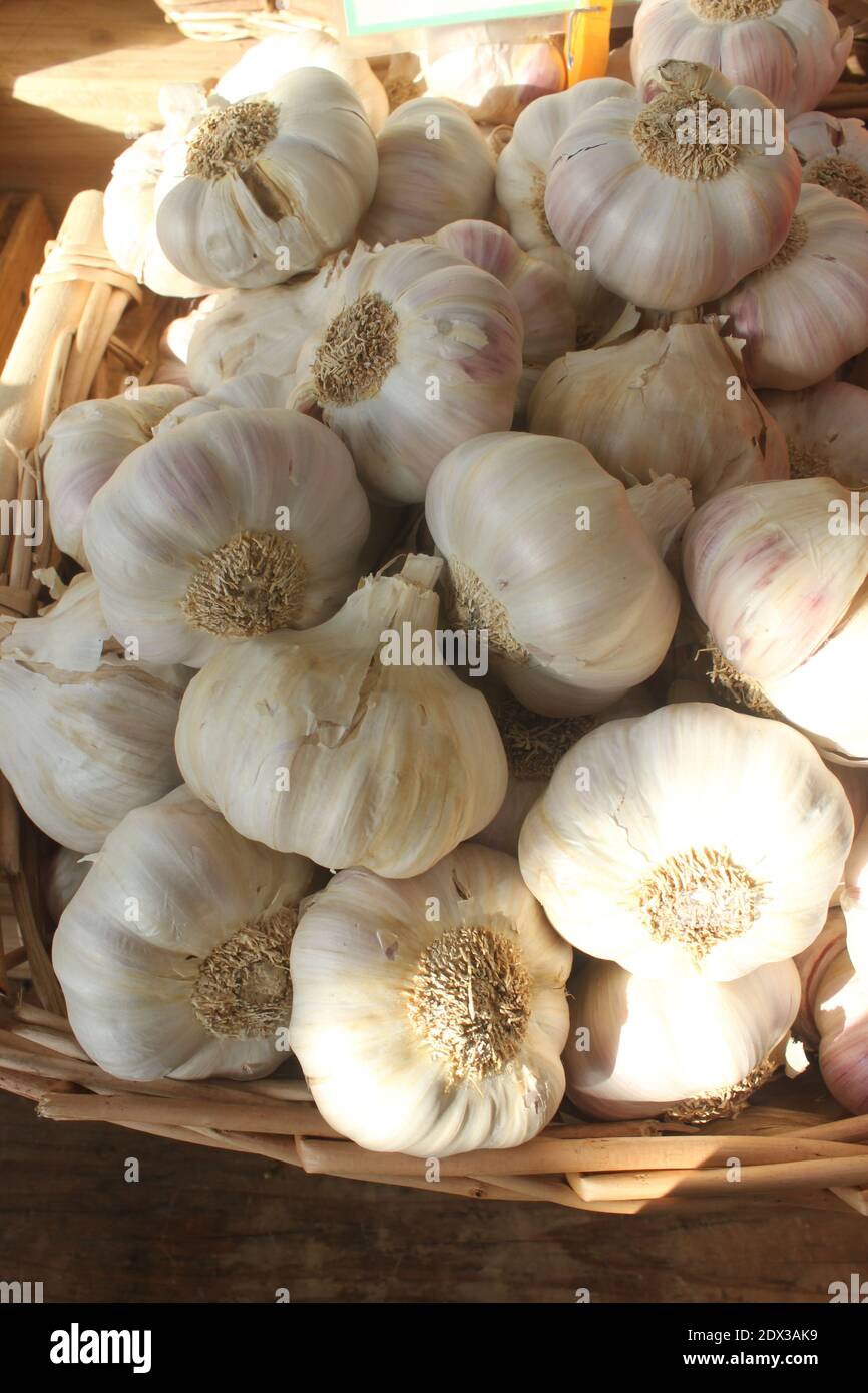 Bulbes à l'ail blanc dans un panier de bast sur le marché alimentaire. Banque D'Images