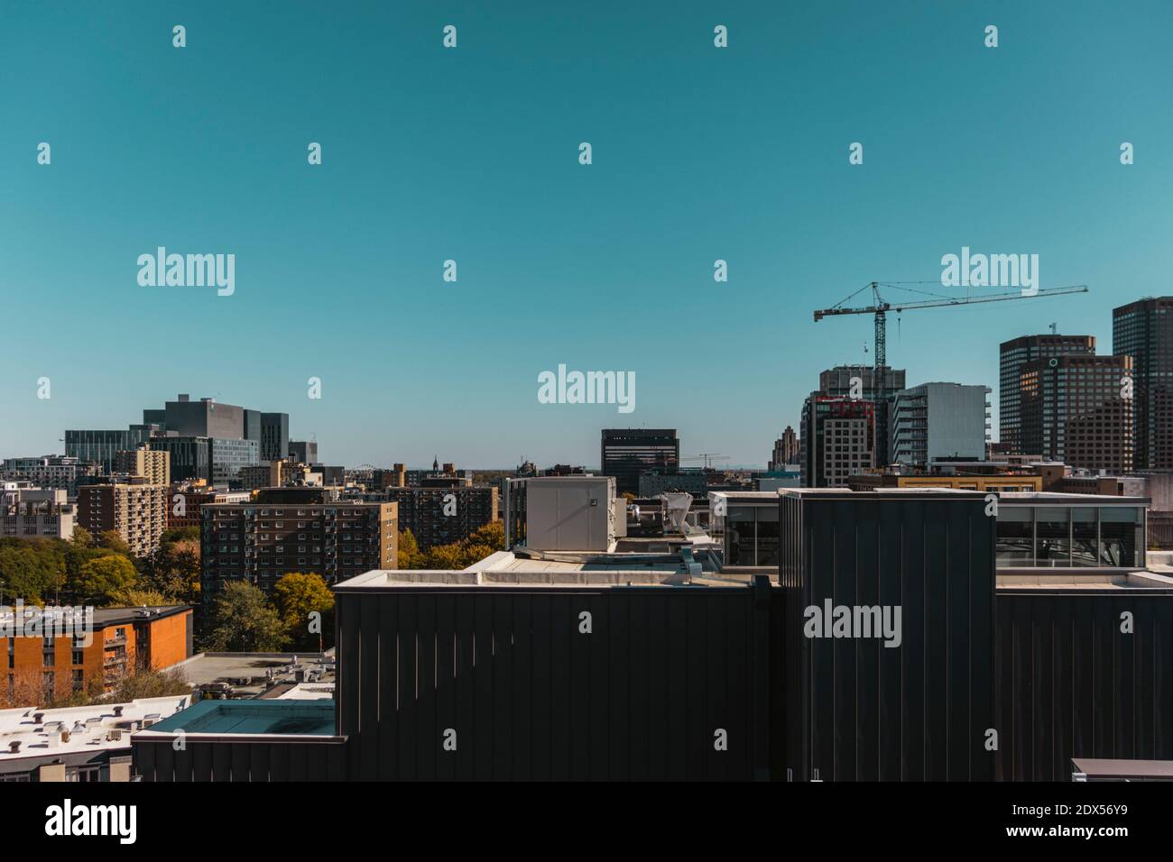 Vue sur le toit du paysage urbain et des bâtiments de Montréal sur un ciel dégagé jour ensoleillé sans nuage dans le ciel Banque D'Images
