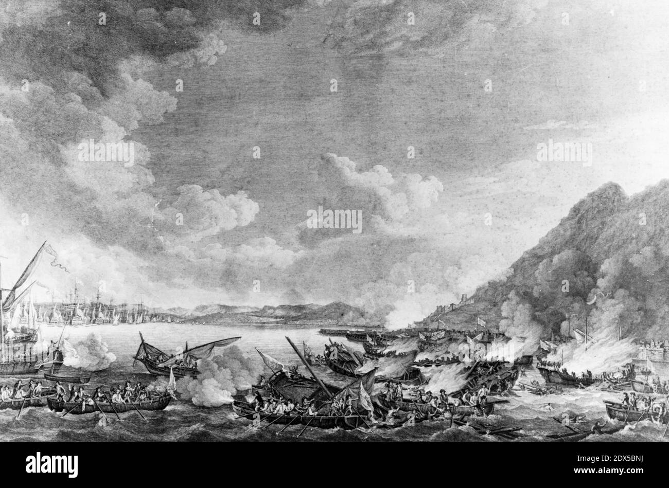 Attaque sur Gibraltar, septembre 1782 : gravure par James Fittler après un tableau de Richard Paton, publié à Londres, le 1er novembre 1784, décrivant la destruction des batteries flottantes espagnoles par des attaques britanniques par coup de feu et par bateau, 14 septembre 1782. Banque D'Images