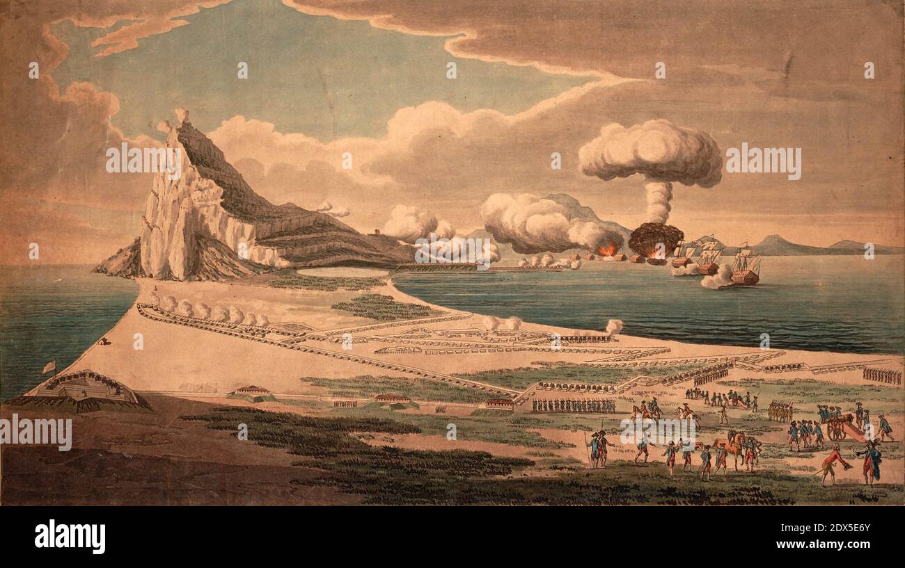 Panorama de l'attaque navale sur Gibraltar fortifié par des navires de guerre français et espagnols, montrant 1 navire en explosion, de petites figures d'infanterie et d'artillerie sur terre en premier plan à droite. Banque D'Images