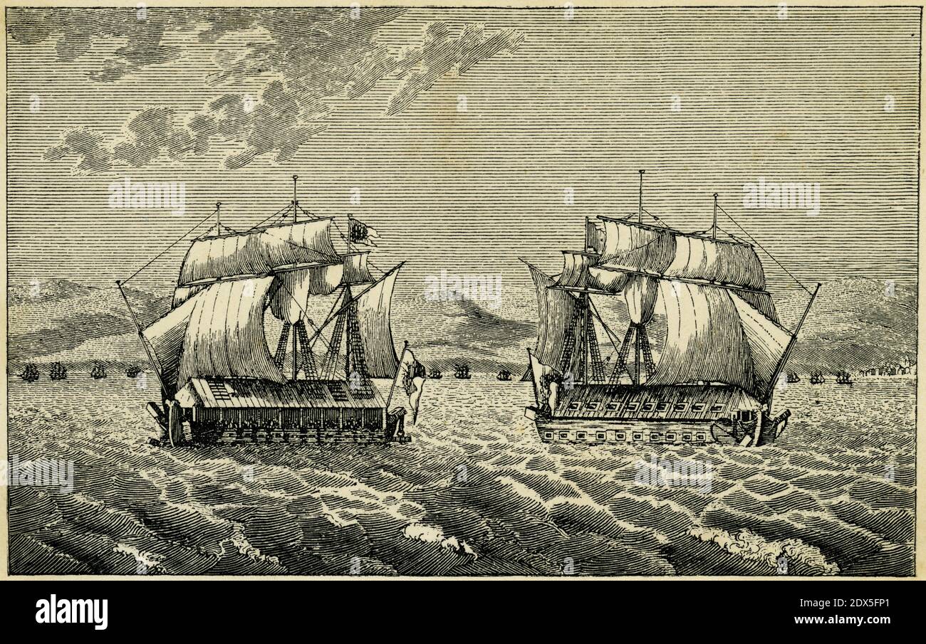 Gravure des côtés de la larpe et de la tribord des navires de batterie espagnols utilisés dans l'attaque de grande envergure contre Gibraltar, 1782. Les attaques des forces françaises et espagnoles n'ont pas réussi à repousser les Britanniques malgré plusieurs tentatives de 1779 à 1783. Banque D'Images