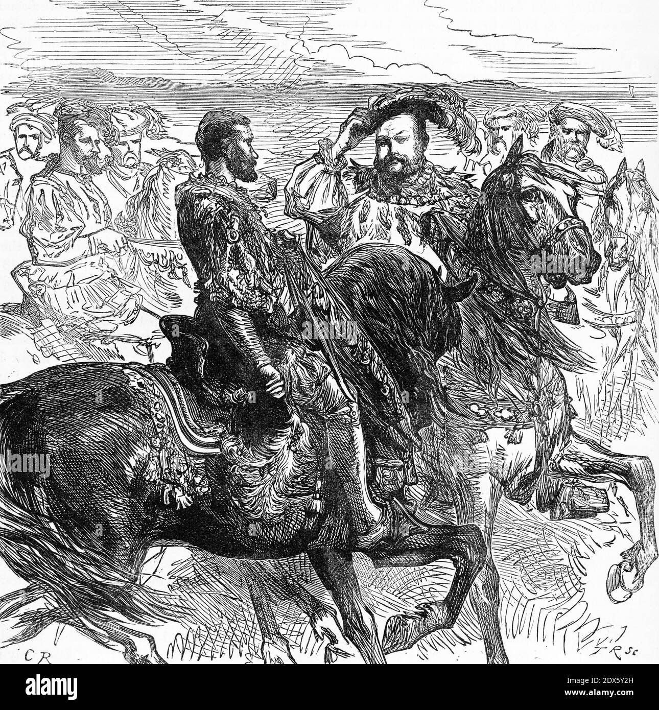 Gravure du roi français François I (à gauche) saluant le roi anglais Henri VIII, sur le champ du tissu d'or près de Calais en france, le 7 juin 1520. Les rois se sont rencontrés pour établir de meilleures relations mais ont fini dans le conflit. Banque D'Images