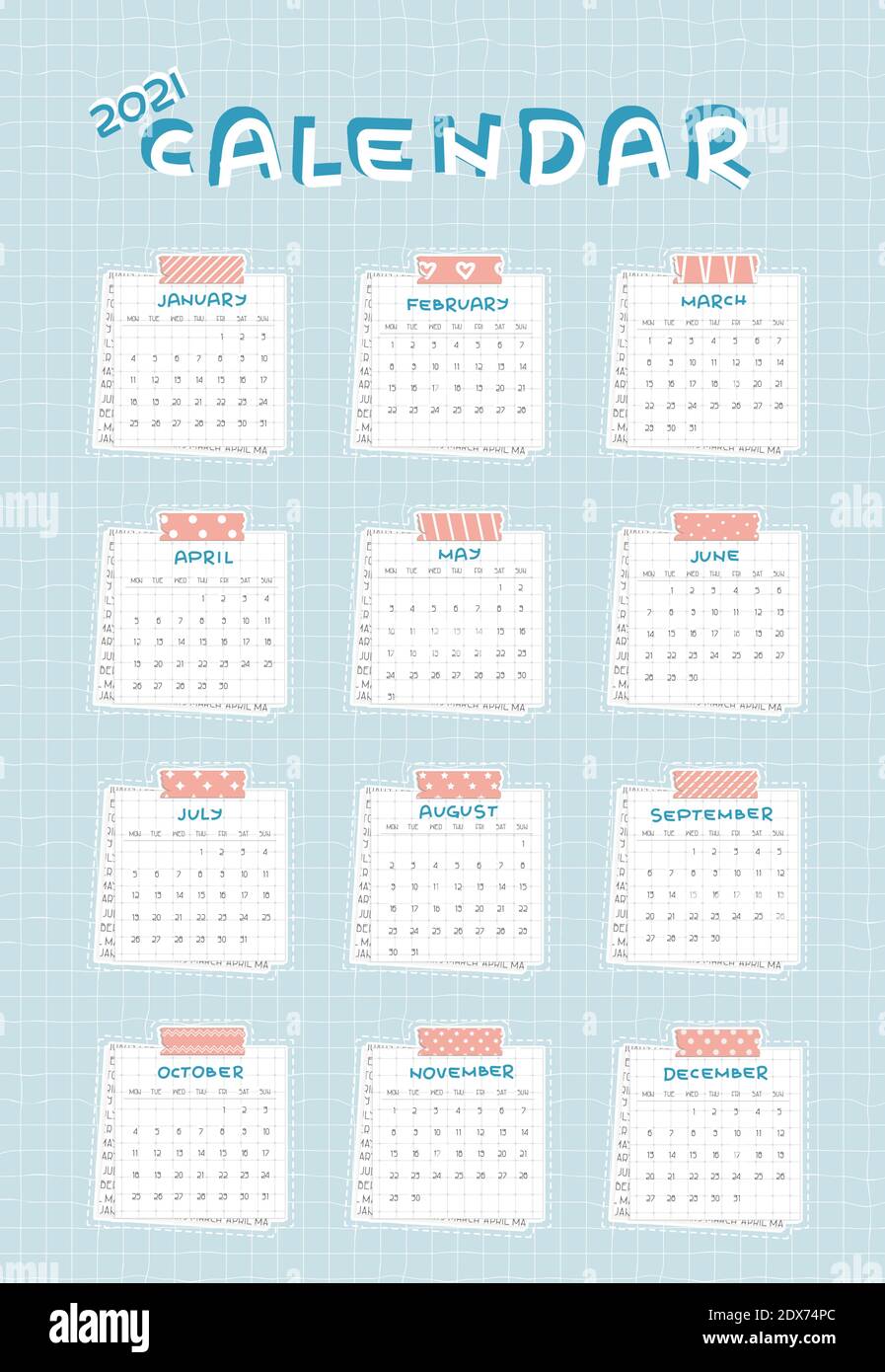 Calendrier pour 2021 de janvier à décembre, commence à partir du lundi. Chaque mois est sur du papier carré avec des points, morceau de journal est au fond et coupé Illustration de Vecteur
