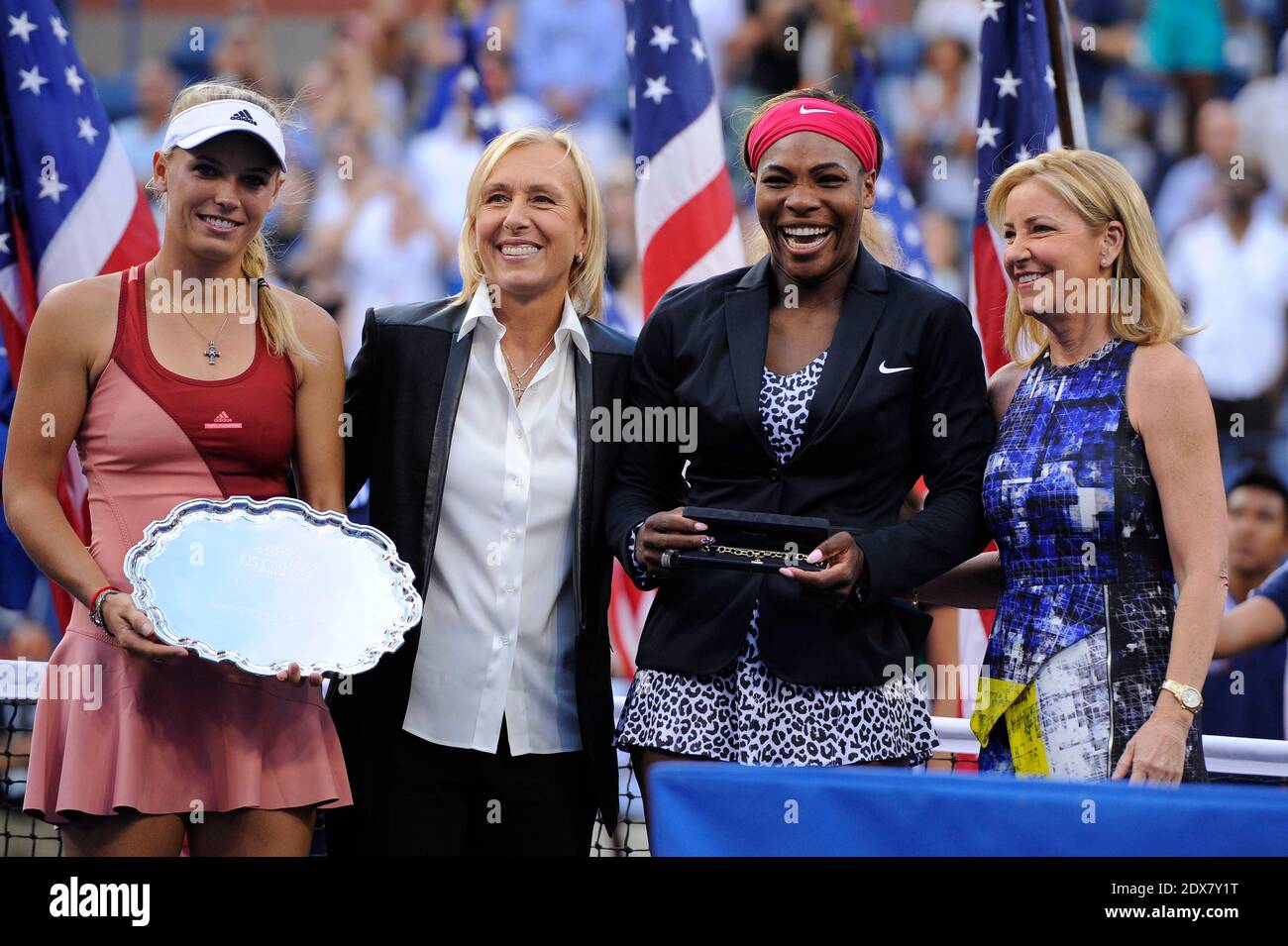 Caroline Wozniacki du Danemark, Martina Navratilova, Serena Williams des États-Unis et Chris Evert se posent après la finale des femmes des championnats de tennis américains à l'USTA Billie Jean King National tennis Center à New York City, NY, États-Unis, le 7 septembre 2014. Williams défait Wozniacki 6-3, 6-3 et remporte son troisième US Open consécutif. Photo de Corinne Dbreuil/ABACAPRESS.COM Banque D'Images