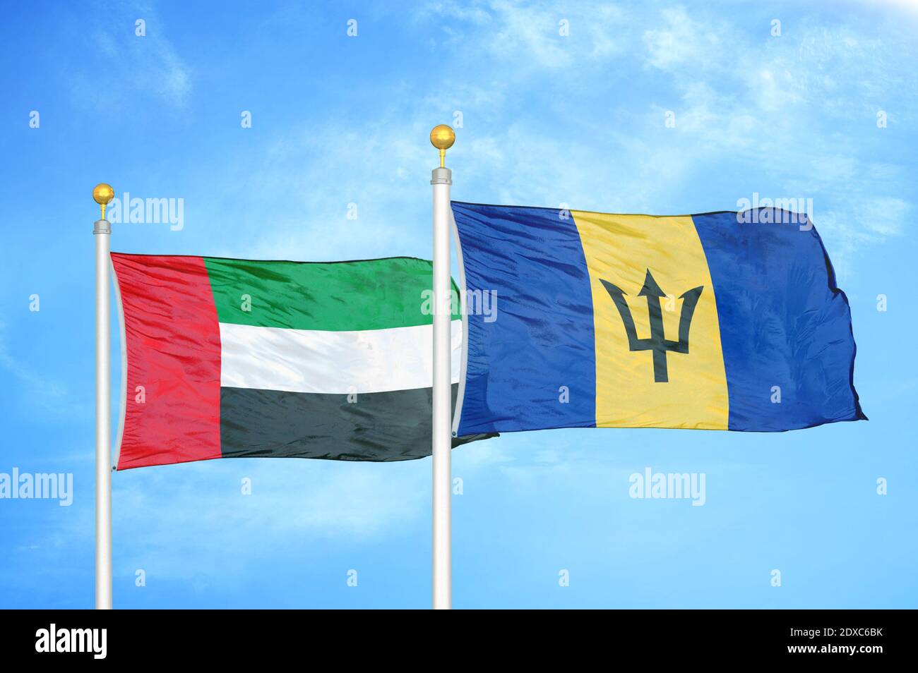 Émirats arabes Unis et Barbade deux drapeaux Banque D'Images